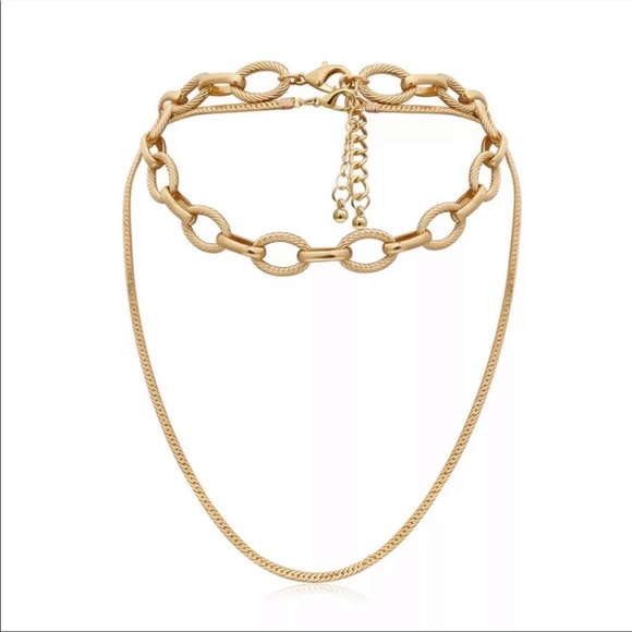 NEW 18K DOUBLE LAYERED LINK CHAIN CHOKER NECKLACE - Picture 3 of 6